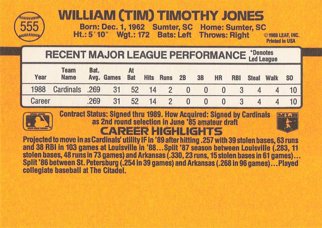 1989 Donruss Baseball Tim Jones #555c Rookie