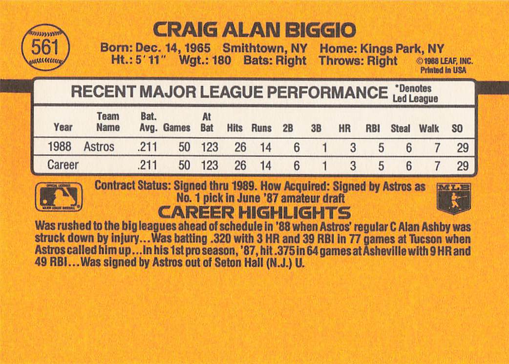 1989 Donruss Baseball Craig Biggio #561d Rookie