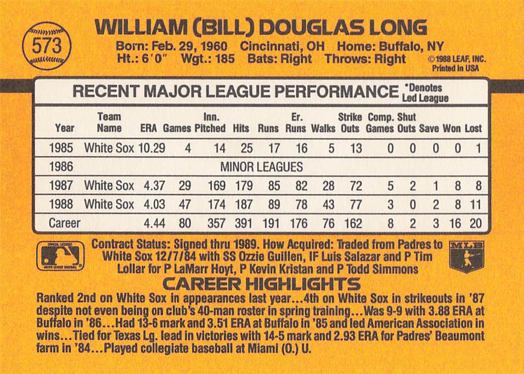 1989 Donruss Baseball Bill Long #573c