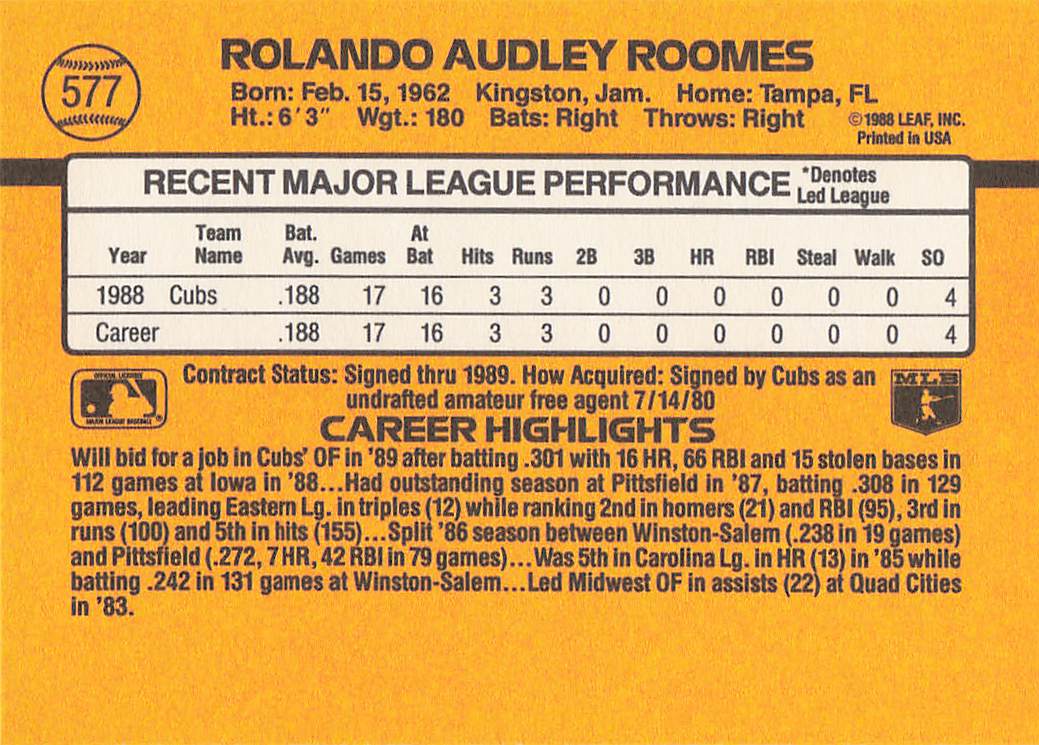 1989 Donruss Baseball Rolando Roomes #577d Rookie