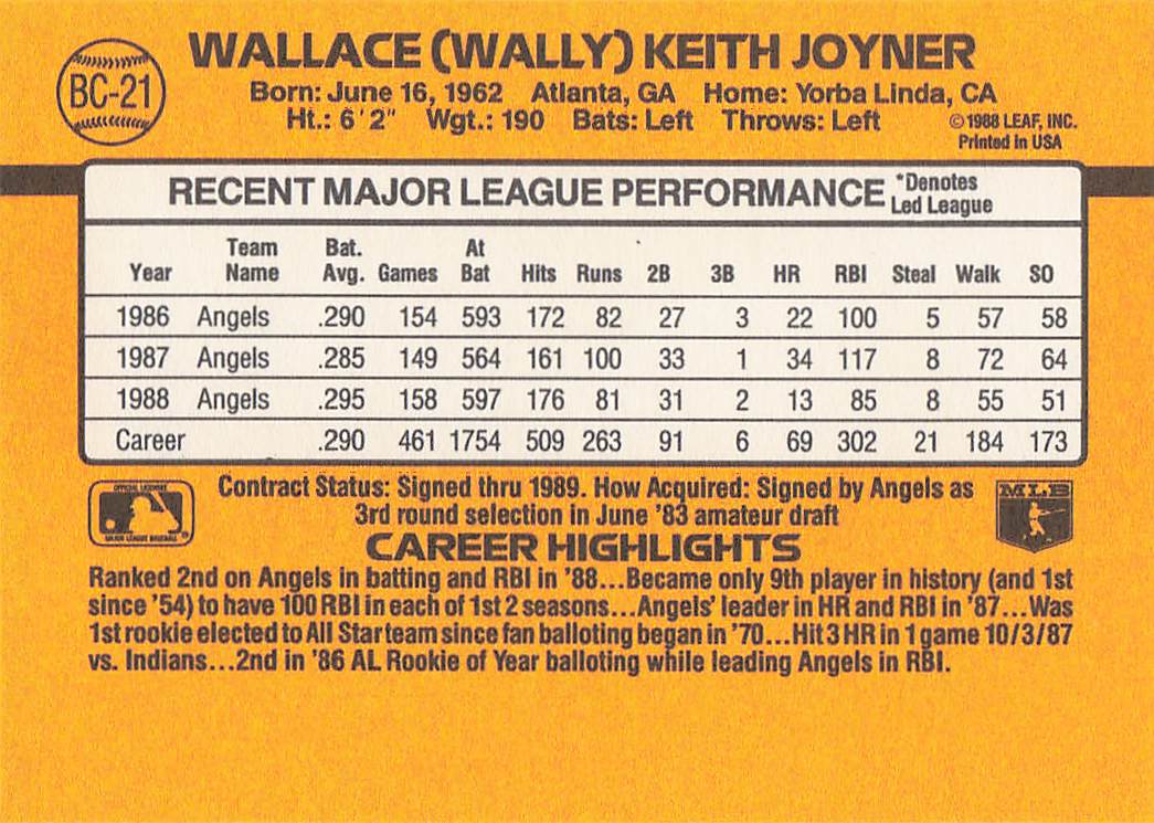 1989 Donruss Baseball Bonus MVP's Wally Joyner #BC-21