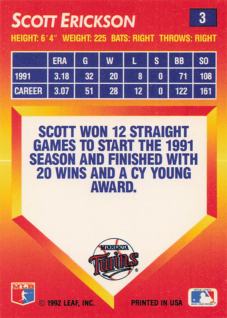 1992 Triple Play Baseball Scott Erickson #3