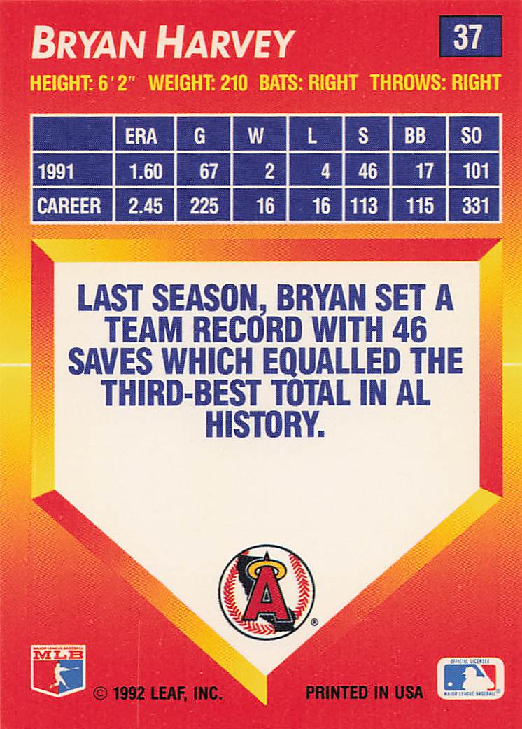 1992 Triple Play Baseball Bryan Harvey #37