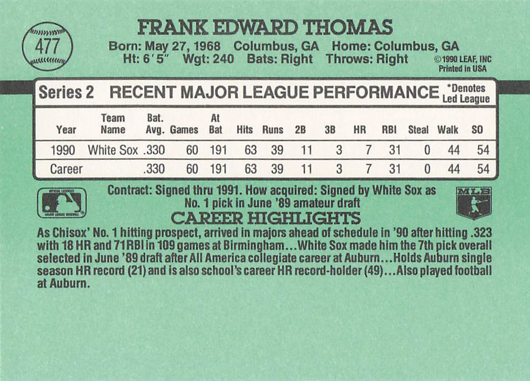 1991 Donruss Baseball Frank Thomas #477c