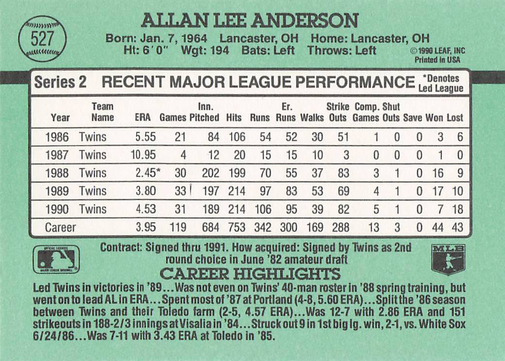 1991 Donruss Baseball Allan Anderson #527