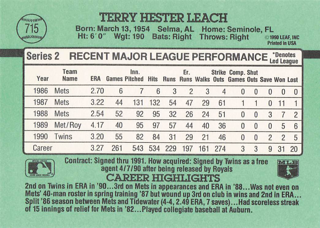 1991 Donruss Baseball Terry Leach #715b