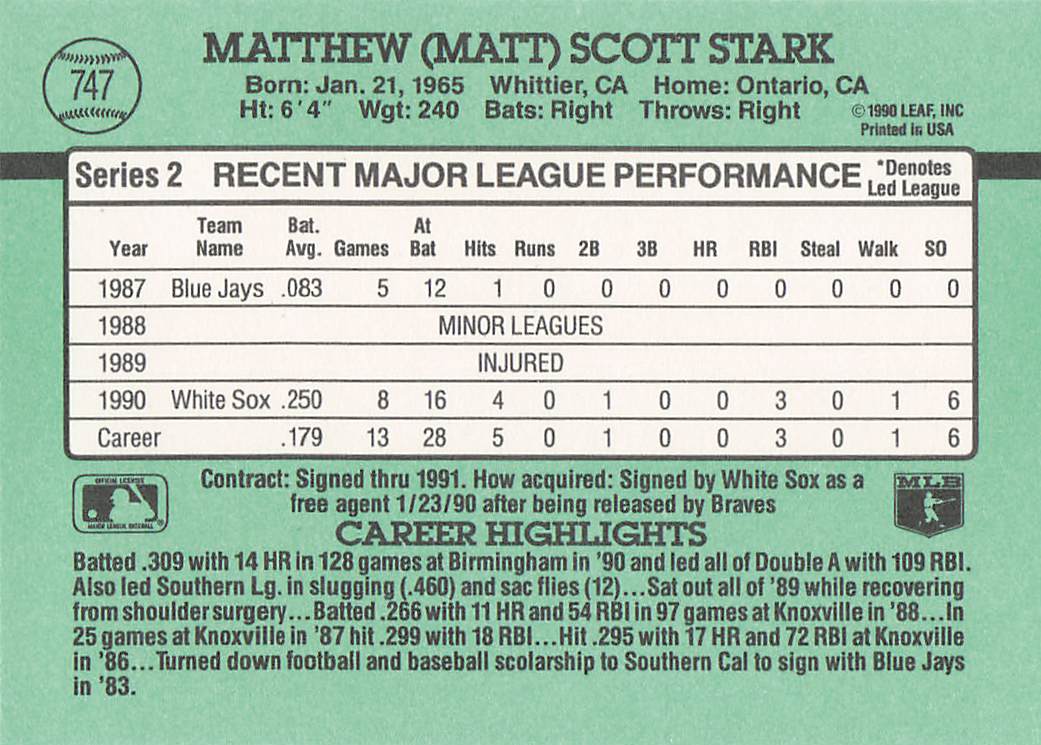 1991 Donruss Baseball Matt Stark #747b Rookie