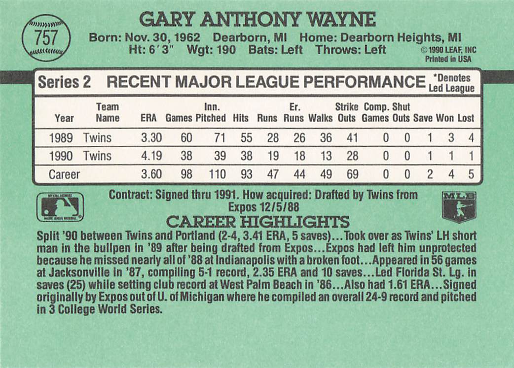1991 Donruss Baseball Gary Wayne #757c