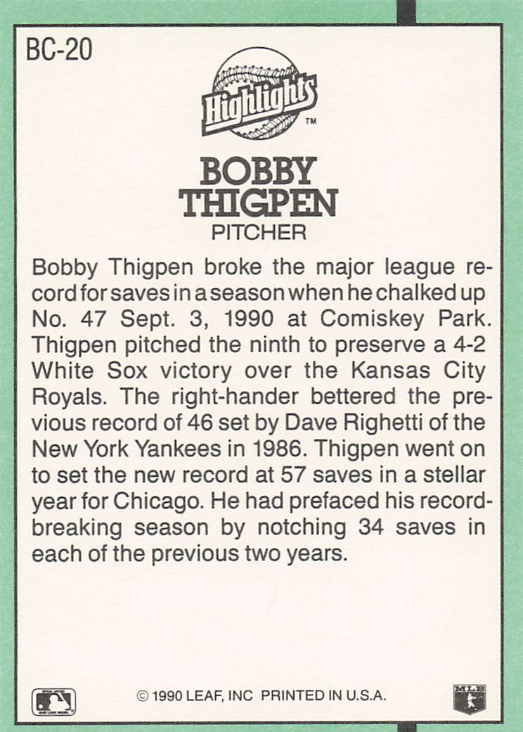 1991 Donruss Baseball Bonus Cards Bobby Thigpen #BC-20b