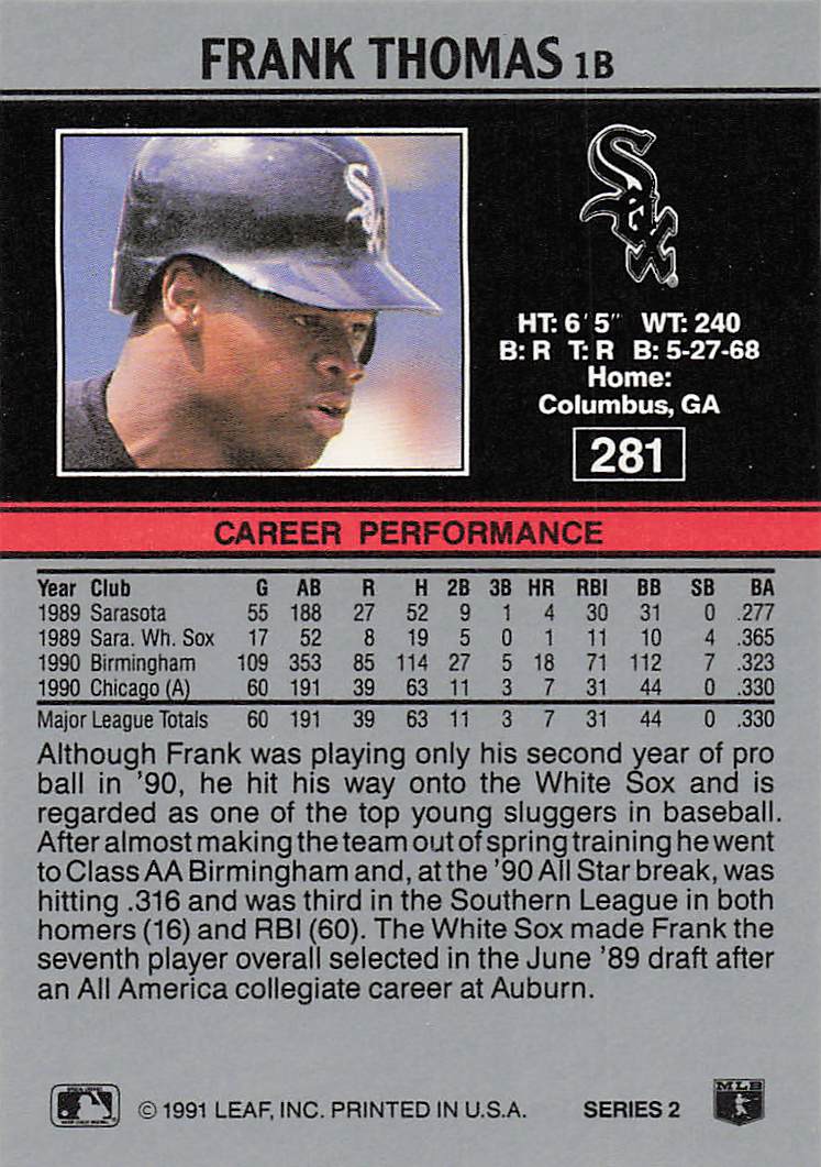 1991 Leaf Baseball Frank Thomas #281