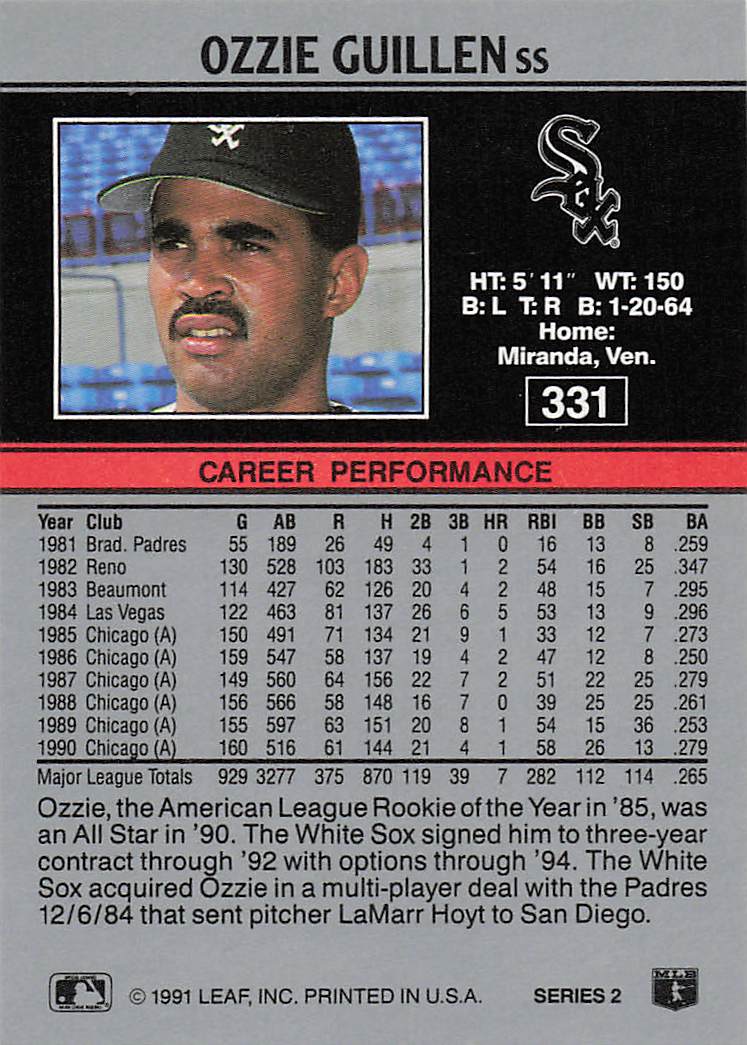 1991 Leaf Baseball Ozzie Guillen #331