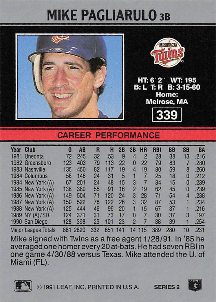 1991 Leaf Baseball Mike Pagliarulo #339