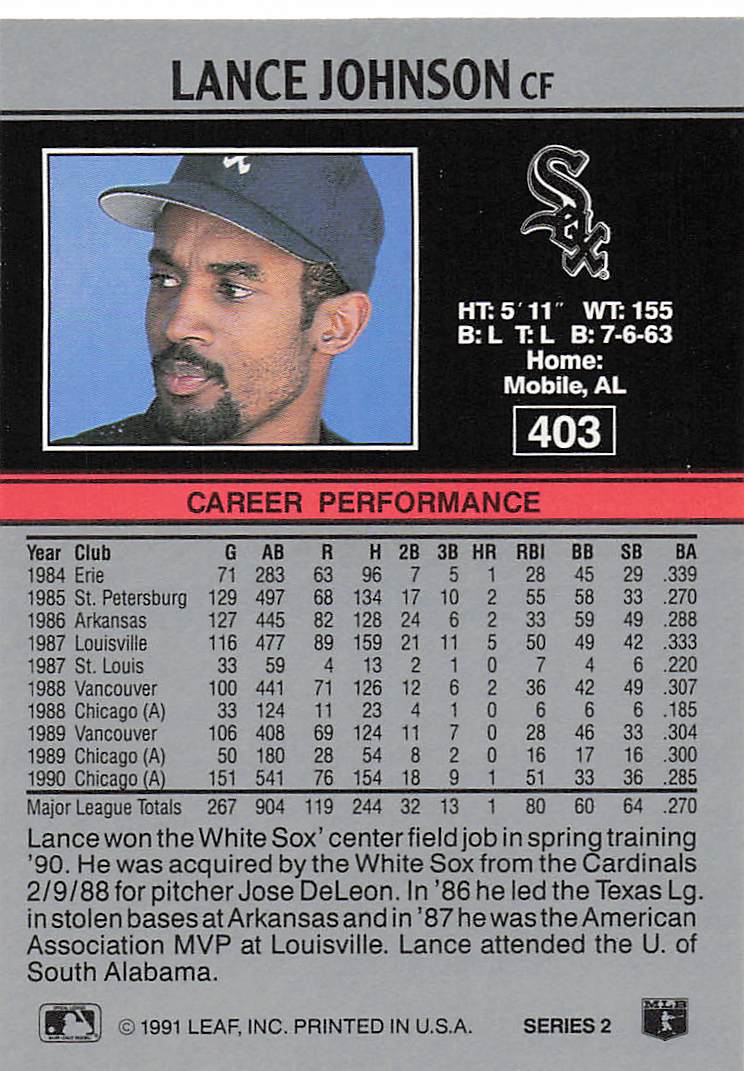 1991 Leaf Baseball Lance Johnson #403