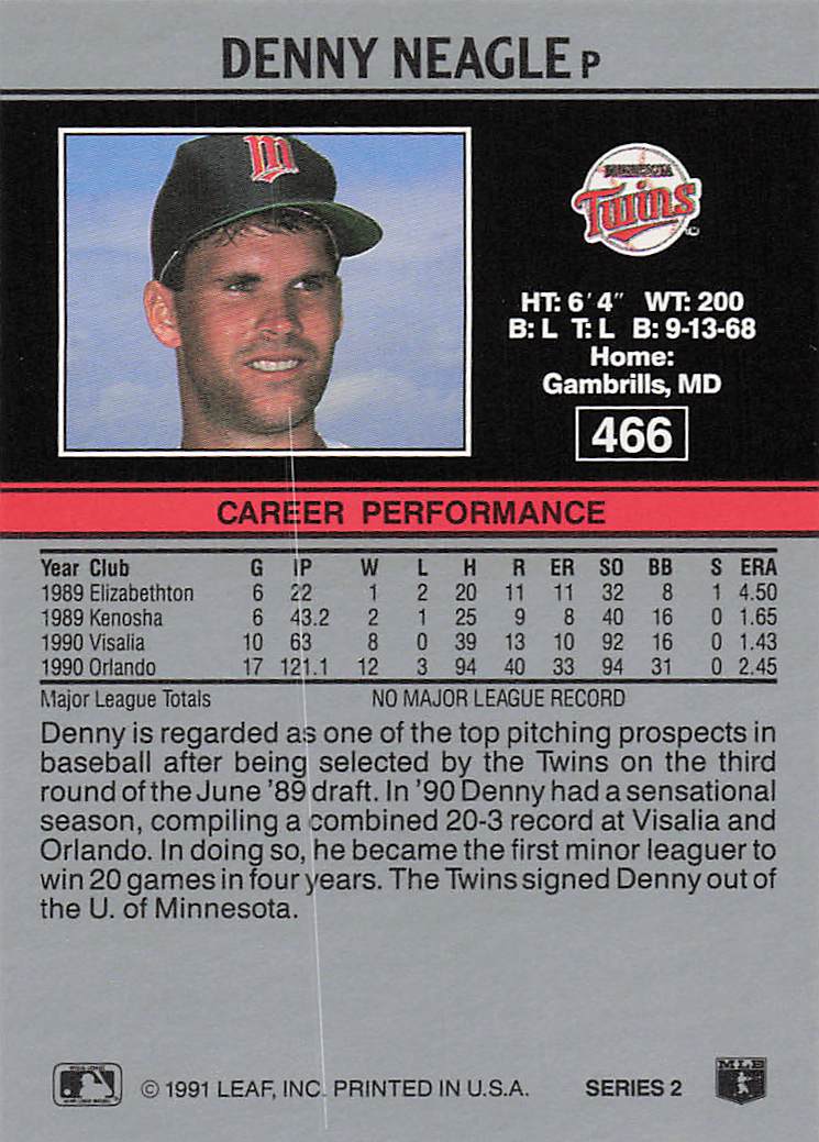 1991 Leaf Baseball Denny Neagle #466 Rookie