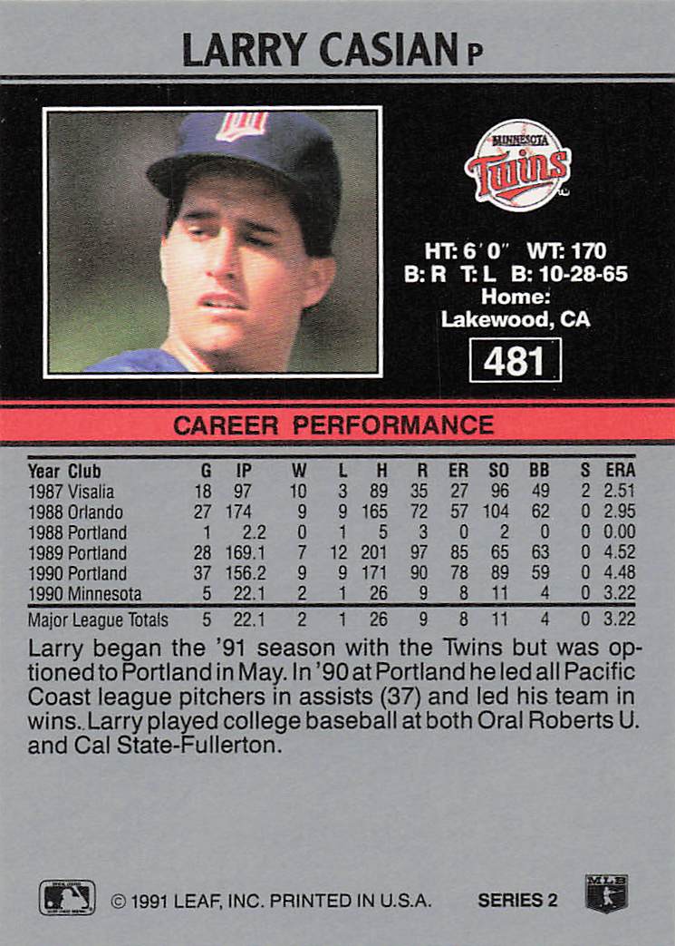 1991 Leaf Baseball Larry Casian #481 Rookie
