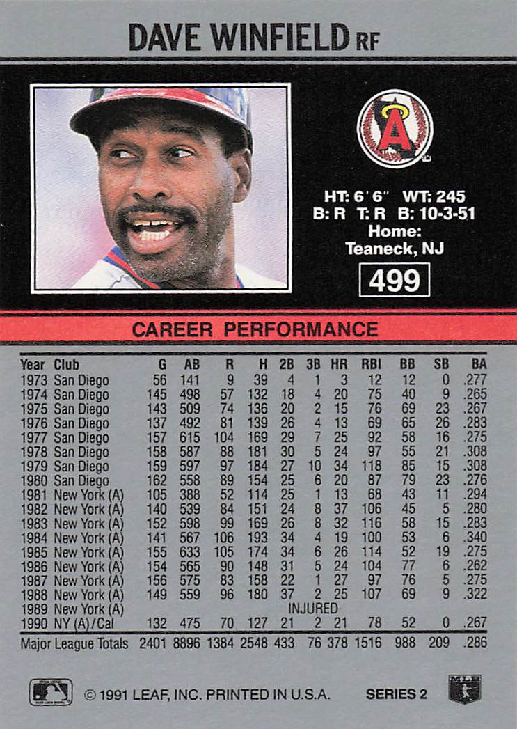1991 Leaf Baseball Dave Winfield #499