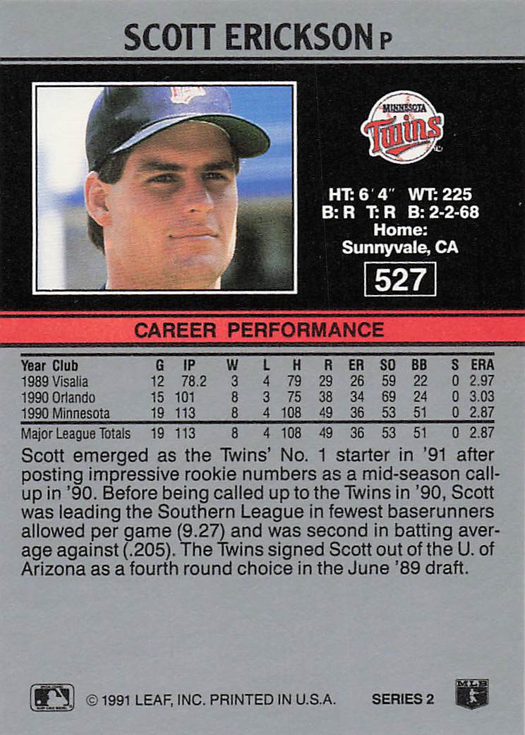 1991 Leaf Baseball Scott Erickson #527