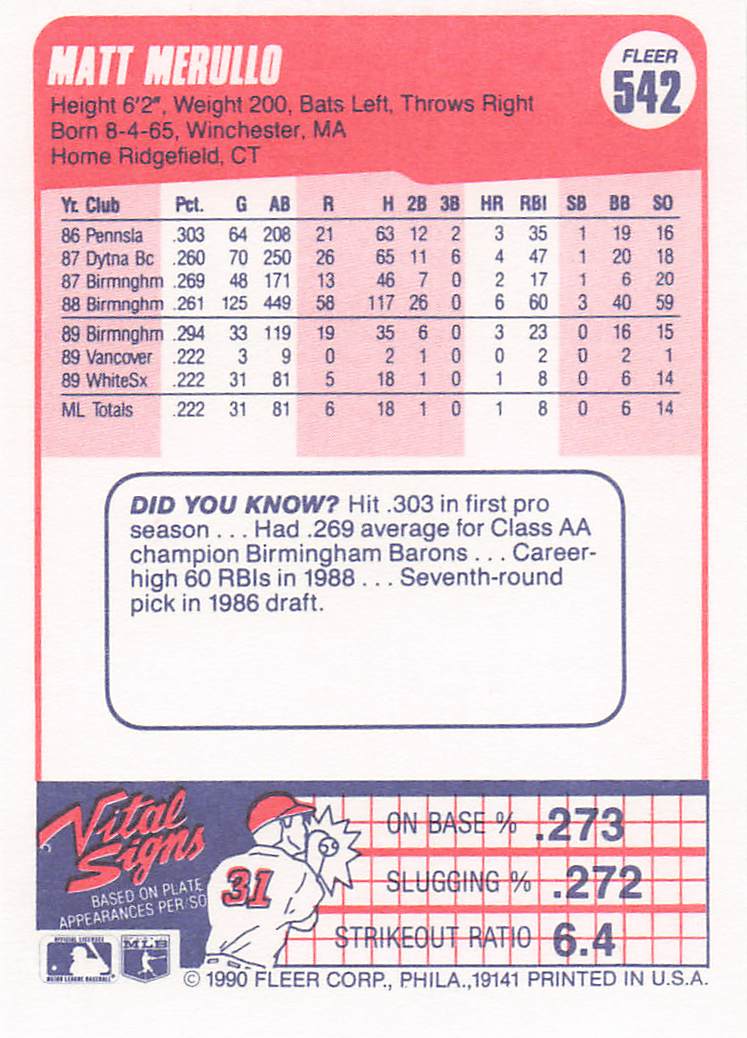 1990 Fleer Baseball Matt Merullo #542 Rookie