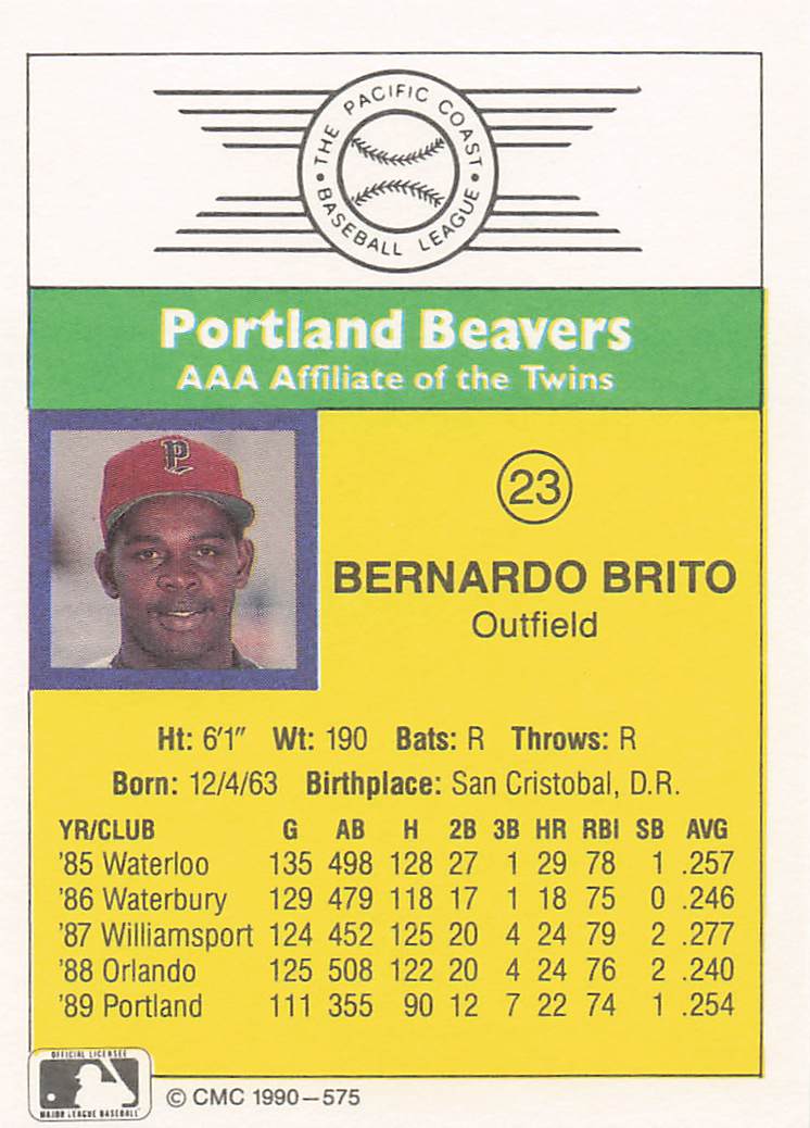 1990 CMC Portland Beavers Baseball Bernardo Brito #23