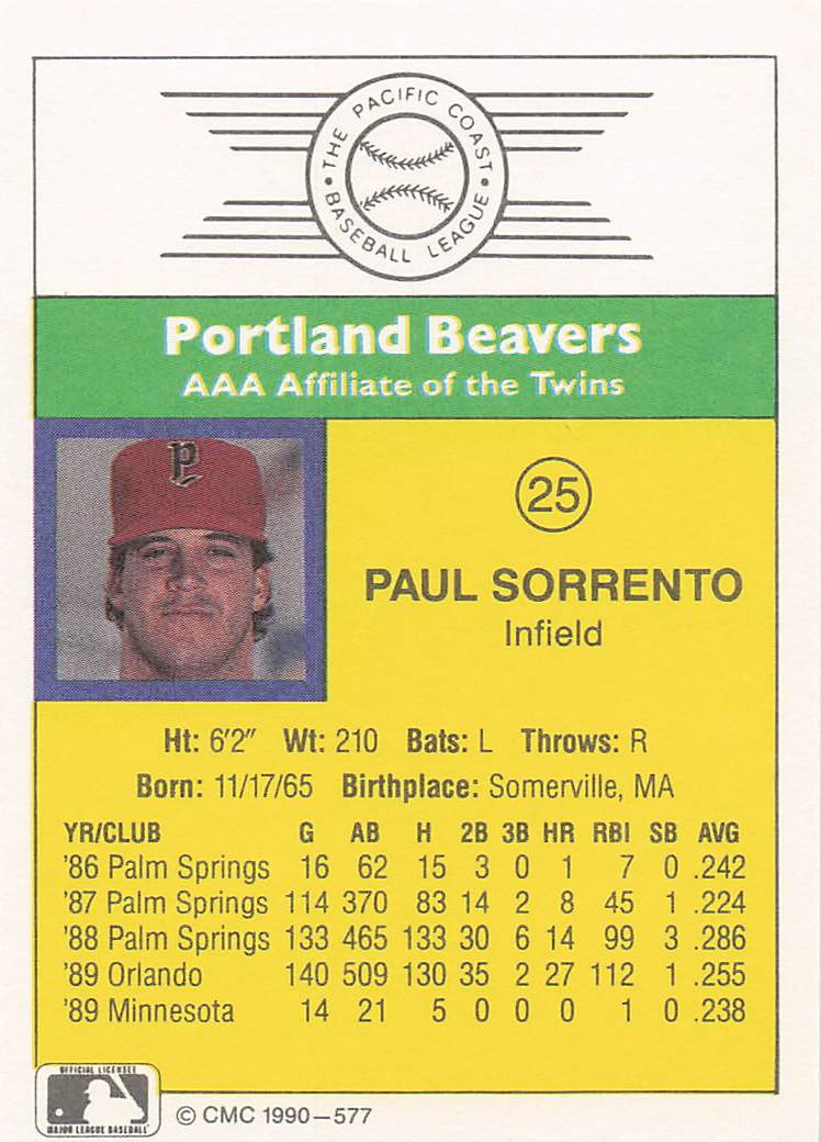1990 CMC Portland Beavers Baseball Paul Sorrento #25