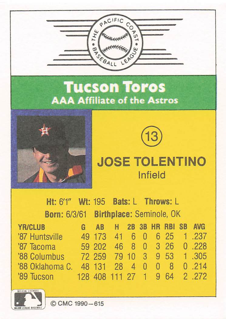 1990 CMC Tucson Toros Baseball Jose Tolentino #13