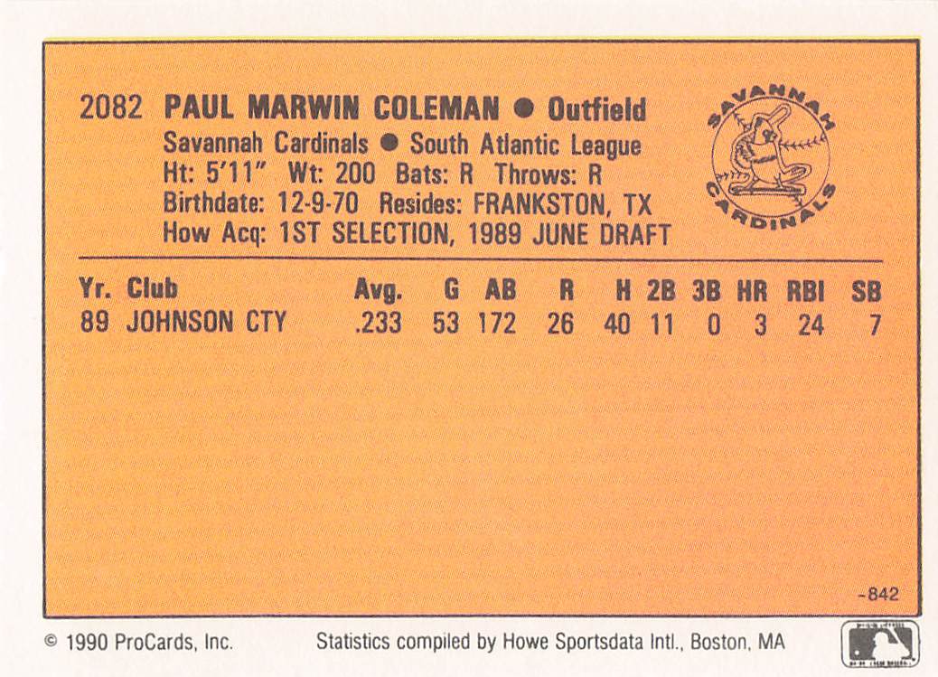 1990 CMC Baseball Paul Coleman #842