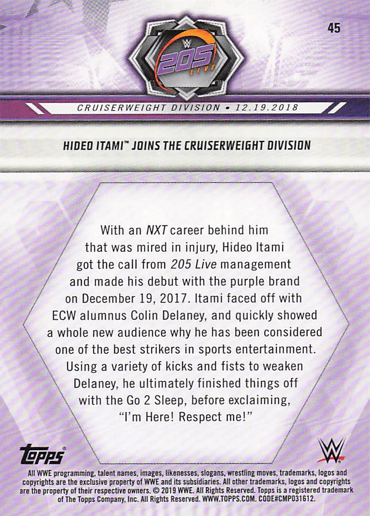 2019 Topps WWE Wrestling Bronze Hideo Itami Joins the Cruiserweight Division #45