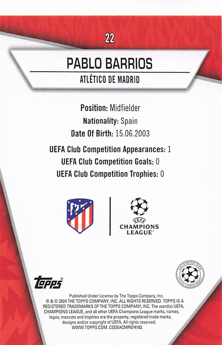 2023-24 Topps Superstars Soccer Golden Pixels Pablo Barrios #22