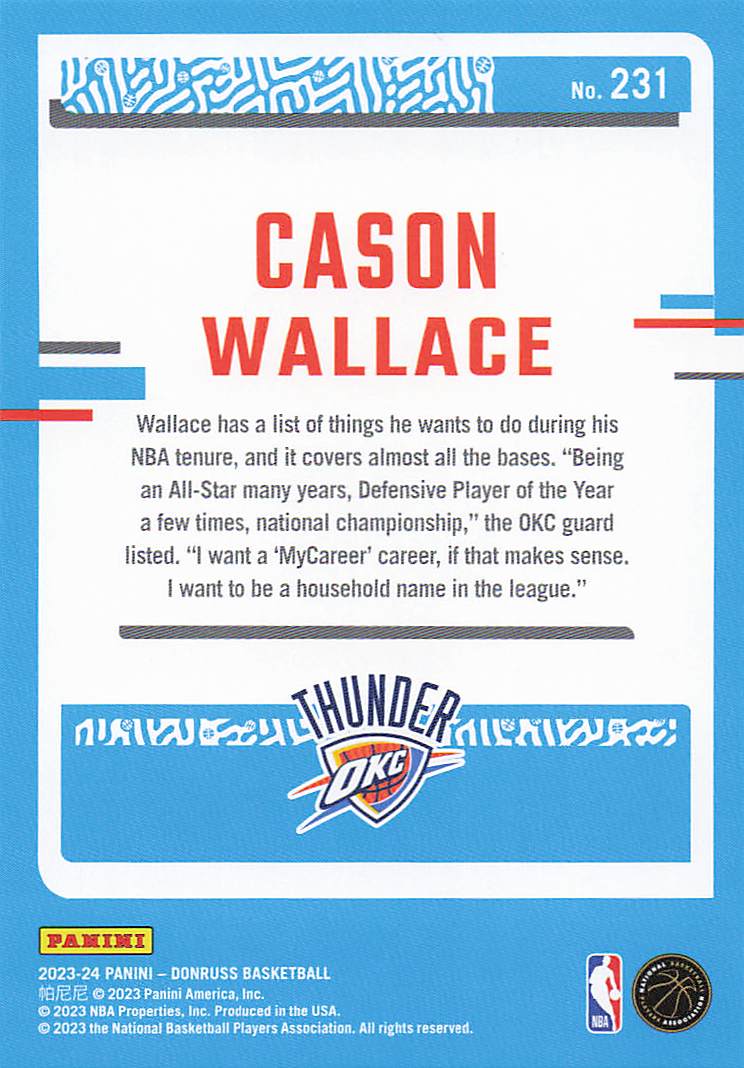 2023-24 Donruss Basketball Cason Wallace #231 Rookie