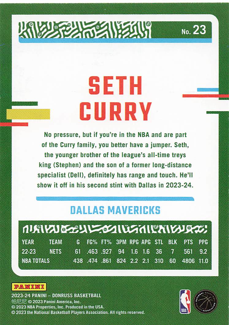 2023-24 Donruss Basketball Blue and Green Laser Holo Seth Curry #23