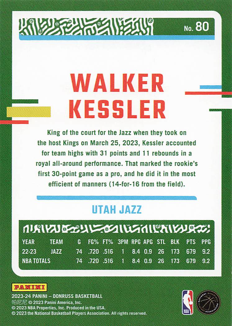 2023-24 Donruss Basketball Green Laser Holo Walker Kessler #80