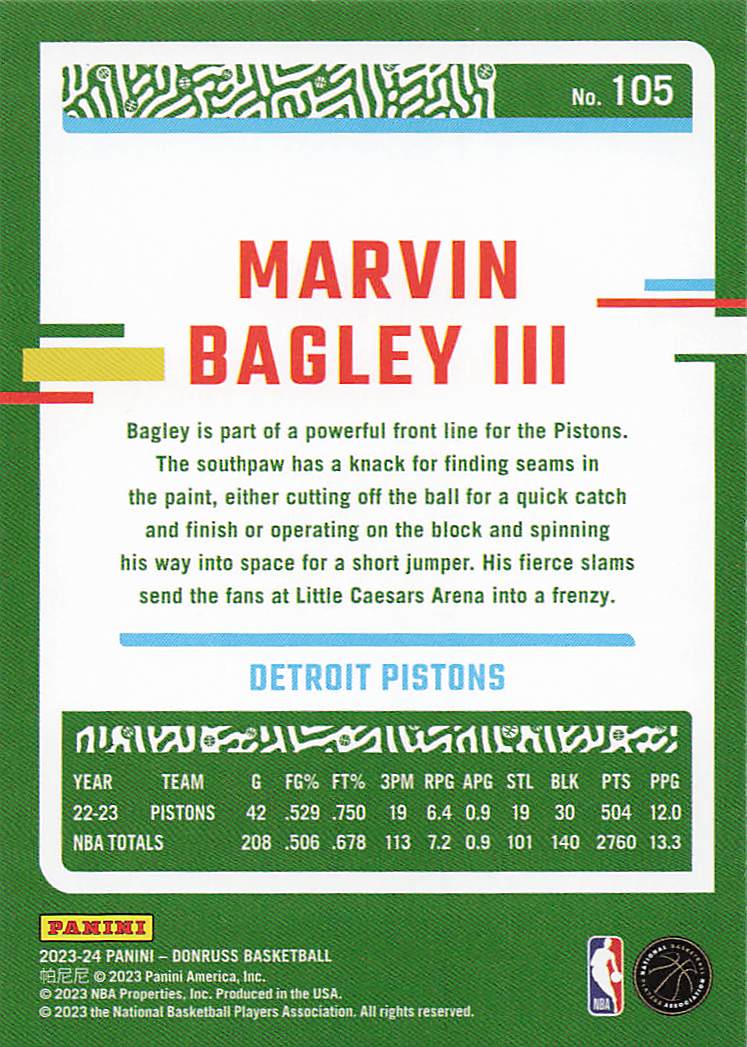 2023-24 Donruss Basketball Green Laser Holo Marvin Bagley III #105