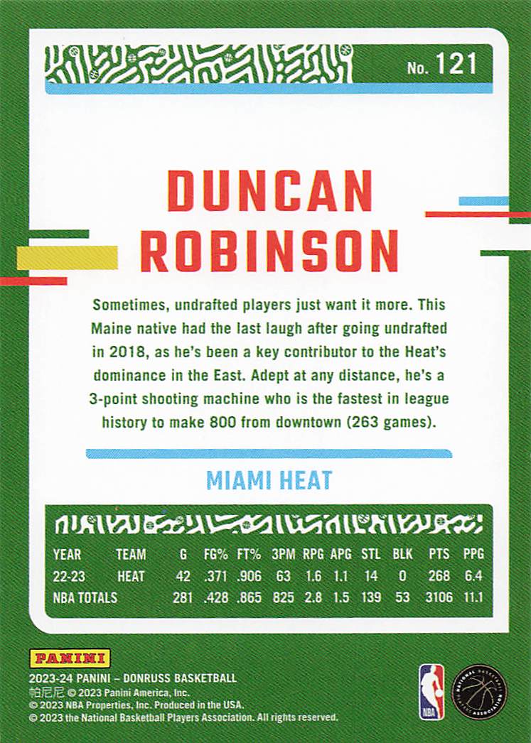2023-24 Donruss Basketball Green Laser Holo Duncan Robinson #121