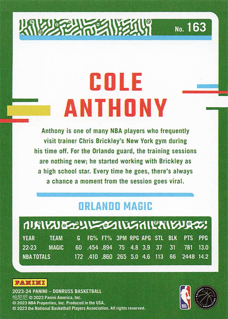 2023-24 Donruss Basketball Blue and Green Laser Holo Cole Anthony #163