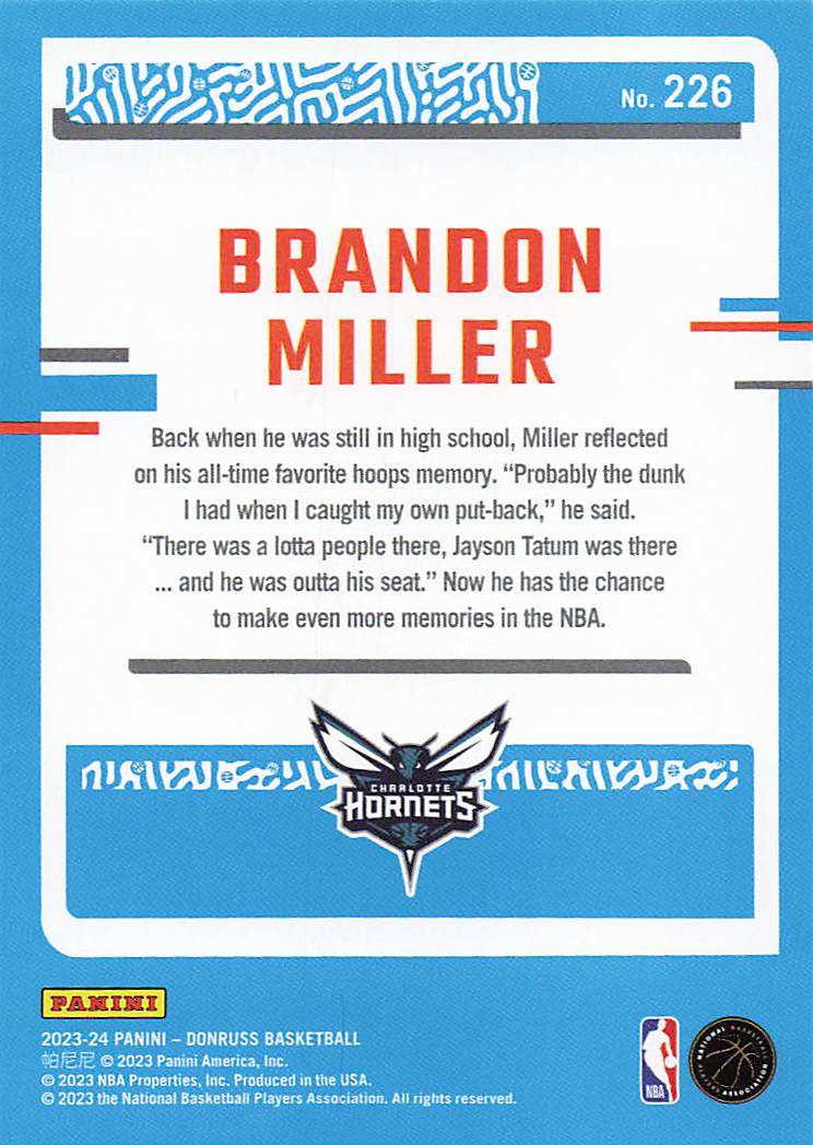 2023-24 Donruss Basketball Green Laser Holo Brandon Miller #226 Rookie
