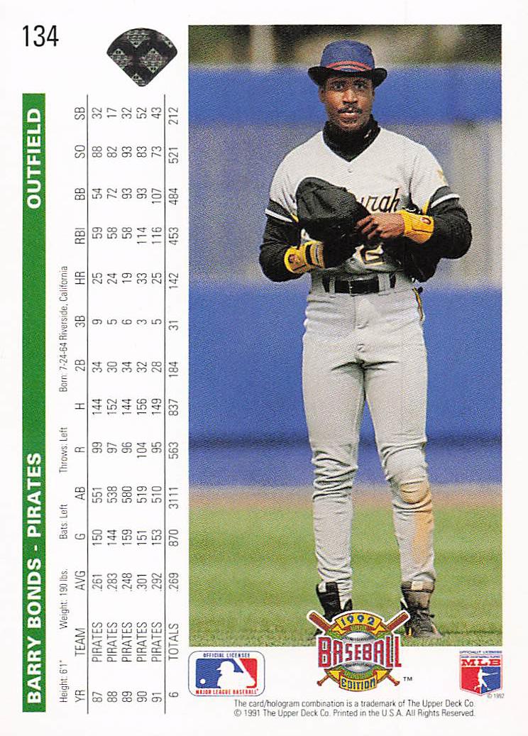 1992 Upper Deck Baseball Barry Bonds #134