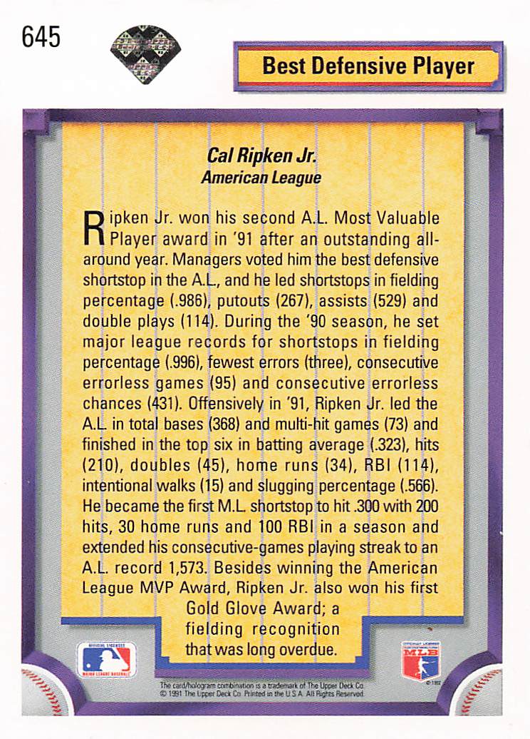 1992 Upper Deck Baseball Cal Ripken Jr. #645