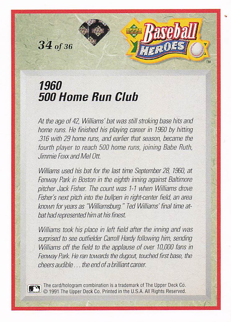 1992 Upper Deck Baseball Baseball Heroes: Ted Williams Box Bottoms #NNO