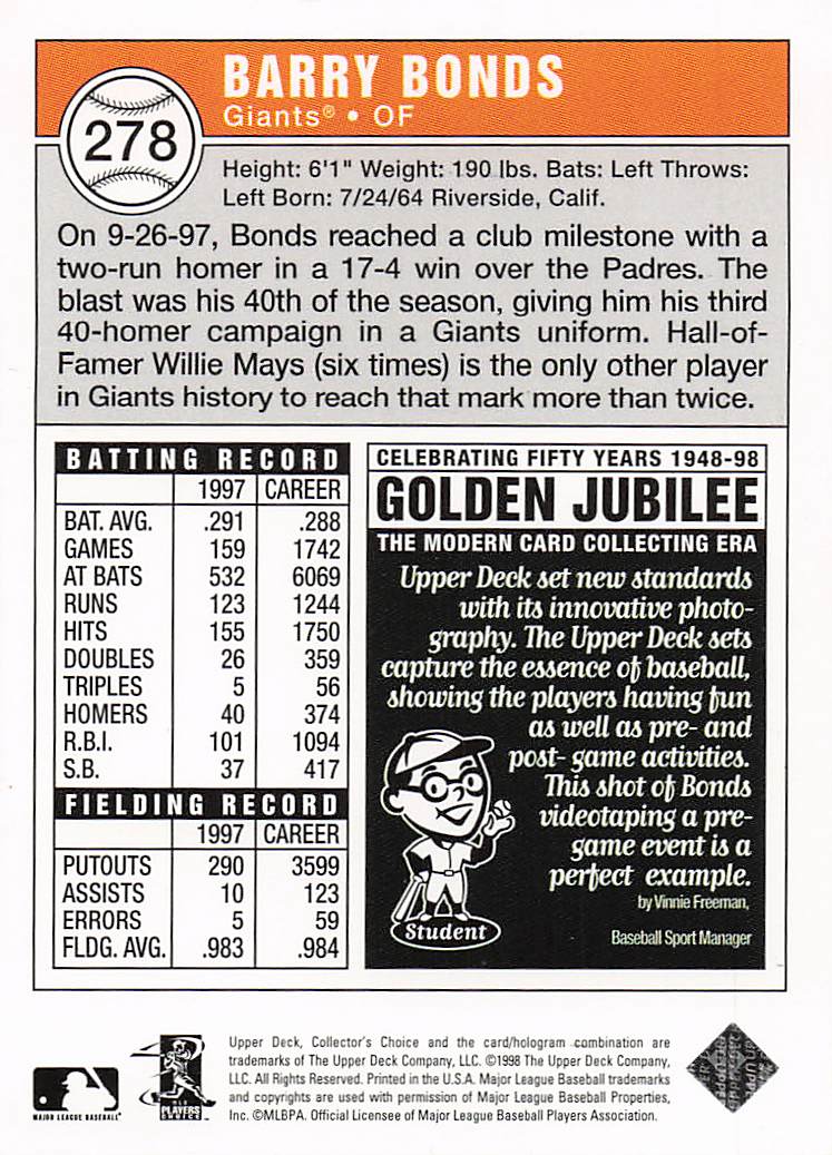 1998 Collector's Choice Baseball Barry Bonds #278