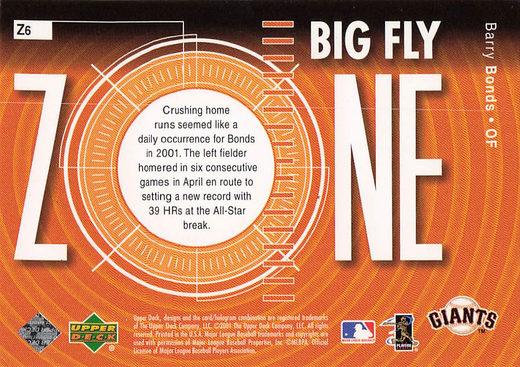 2002 Upper Deck Baseball Big Fly Zone Barry Bonds #Z6