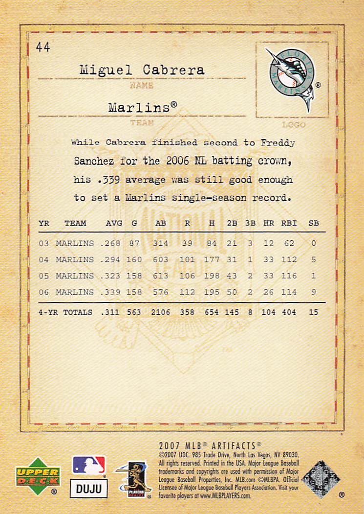 2007 Upper Deck Artifacts Baseball Miguel Cabrera #44