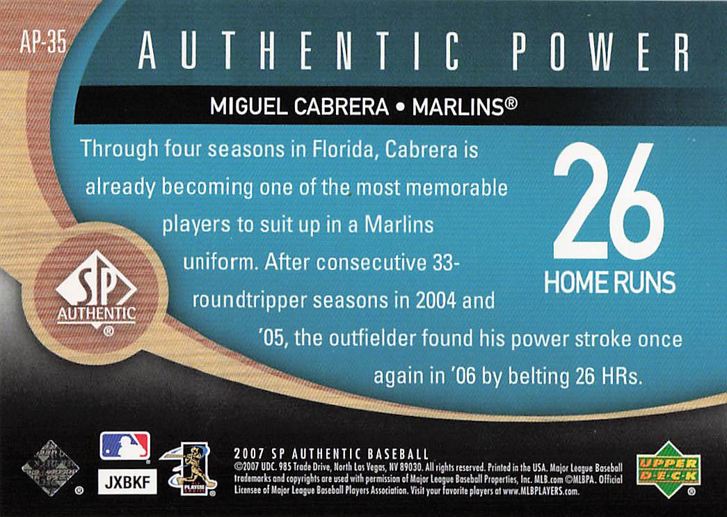 2007 SP Authentic Baseball Authentic Power Miguel Cabrera #AP-35