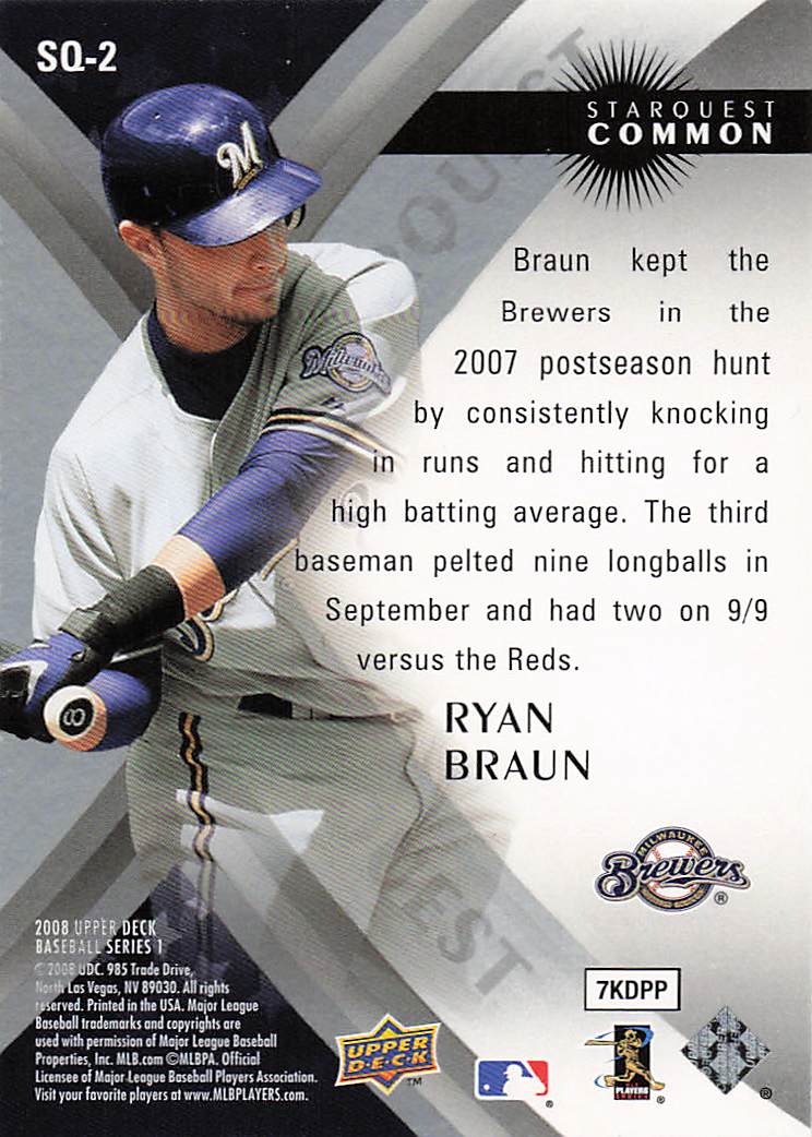 2008 Upper Deck Baseball StarQuest Common Ryan Braun #SQ-2