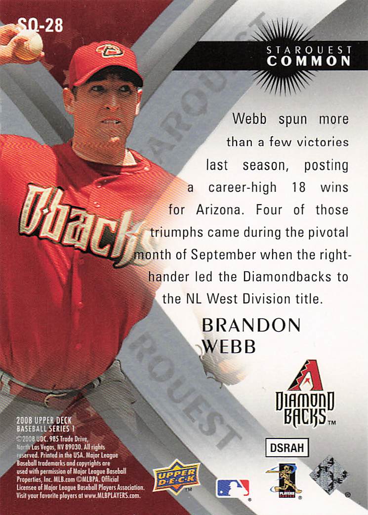 2008 Upper Deck Baseball StarQuest Common Brandon Webb #SQ-28