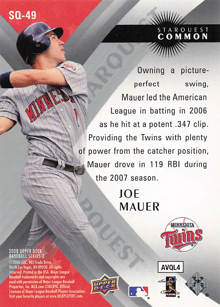 2008 Upper Deck Baseball StarQuest Common Joe Mauer #SQ-49