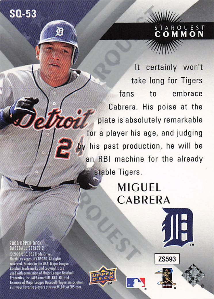 2008 Upper Deck Baseball StarQuest Common Miguel Cabrera #SQ-53