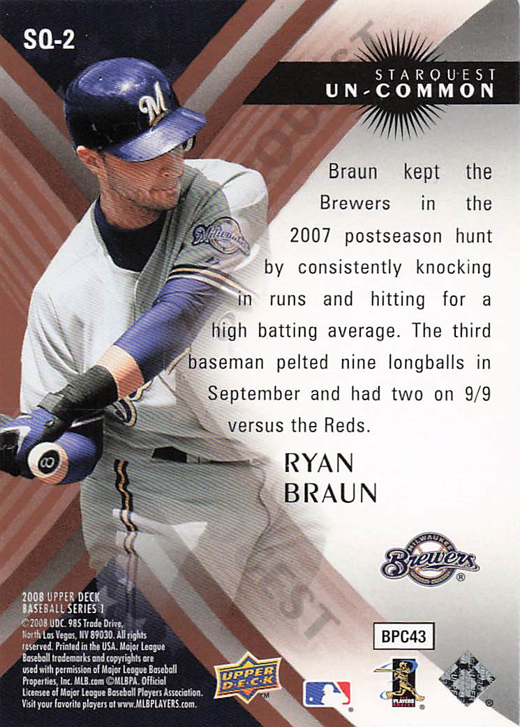 2008 Upper Deck Baseball StarQuest Uncommon Ryan Braun #SQ-2