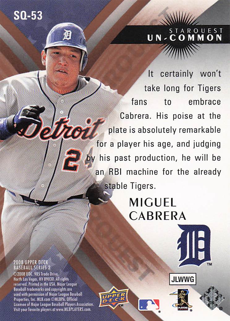 2008 Upper Deck Baseball StarQuest Uncommon Miguel Cabrera #SQ-53