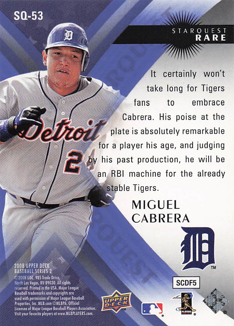 2008 Upper Deck Baseball StarQuest Rare Miguel Cabrera #SQ-53