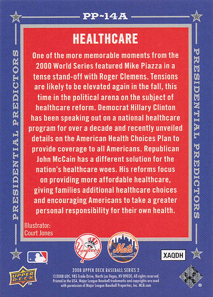 2008 Upper Deck Presidential Predictors John McCain / Hillary Clinton #PP-14A